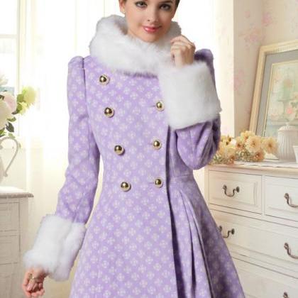 High Quality Fur Collar Woolen Coat - Purple