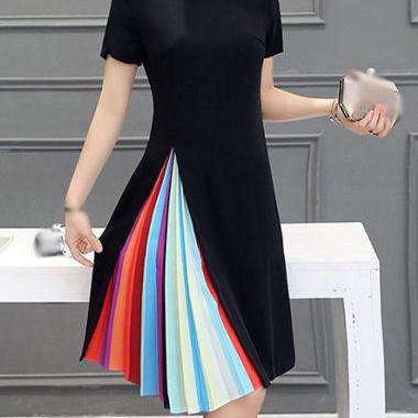 Short Sleeve Stripe Print Dress - Black