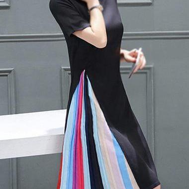 Short Sleeve Stripe Print Dress - Black