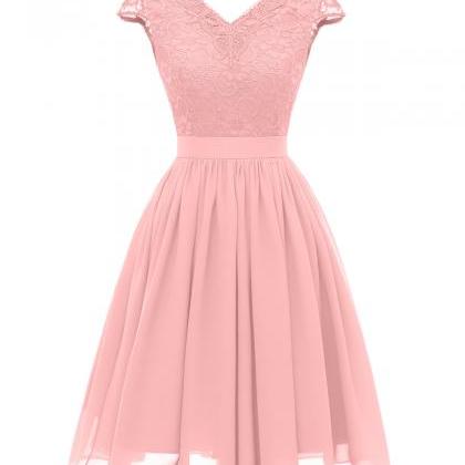 V Neck Short Sleeve Lace Chiffon Dress - Pink