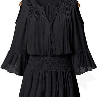 Fashion V Neck Flare Sleeve Dress - Black