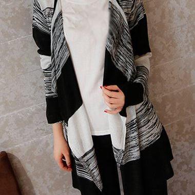 Casual Color Block Long Sleeve Cardigan - Black