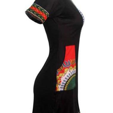 Black Split Neck Dashiki Print Black Dress