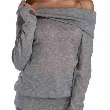 Grey Off-the-shoulder Double Layered Knitted Long..