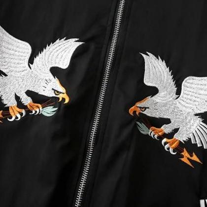 Eagle Embroidered Color Block Satin Bomber Jacket