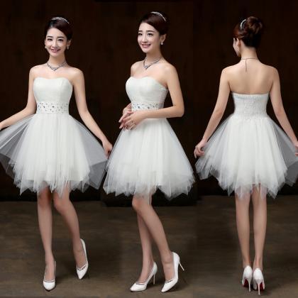 Beautiful Strapless White Color Beading Prom Dress