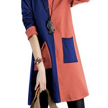 Casual Round Neck Color Block Patchwork Dress