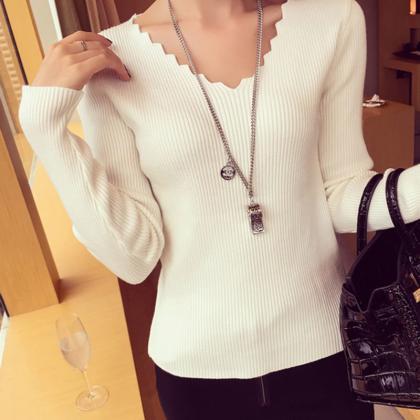 Style V Neck Long Sleeve Sweater - White