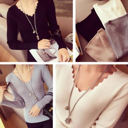 Style V Neck Long Sleeve Sweater - Grey