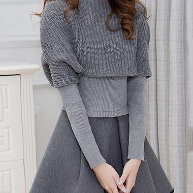 Fashion Top And Pleated Mini Sweater Dress - Grey