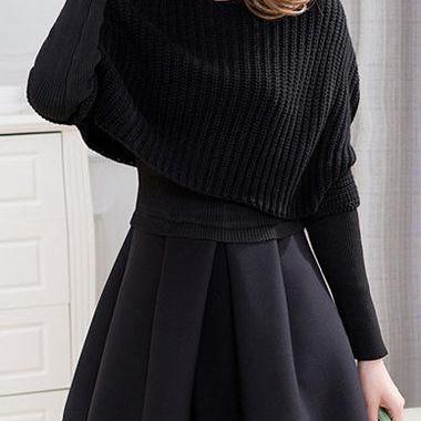 Fashion Top And Pleated Mini Sweater Dress - Black