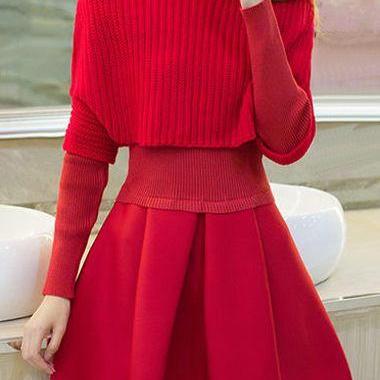 Fashion Top And Pleated Mini Sweater Dress - Red