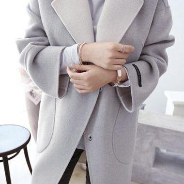Causal Long Sleeve Pocket Design Light Grey Coat