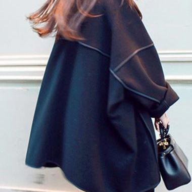 Causal Batwing Sleeve Turndown Collar Black Coat