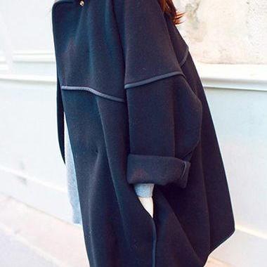 Causal Batwing Sleeve Turndown Collar Black Coat
