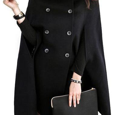 Causal Double Breasted Solid Cloak Long Coat -..