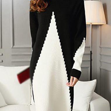 Fashion Long Sleeve Patchwork Design Sweater Dress..