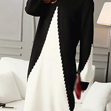 Fashion Long Sleeve Patchwork Design Sweater Dress..