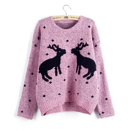 Knitted Reindeer Pullover / Sweater - Pink