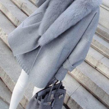 Casual Pocket Design Long Sleeve Faux Fur Collar..