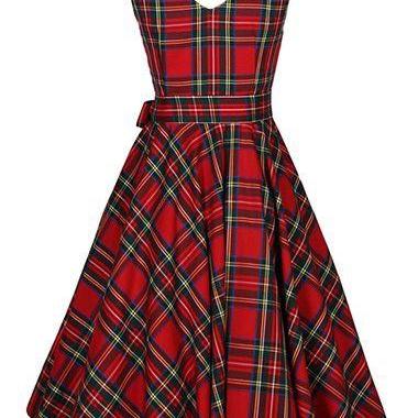 Red Plaid Knee Length A-line Dress Featuring..