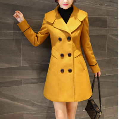 Fashion New Turndown Collar Double Breasted Wool Winter Coat - Yellow