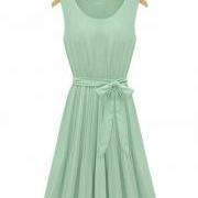 Light Green Chiffon Scoop Neck Sleeveless Short Ruffled A-Line Dress Featuring Bow Accent Belt