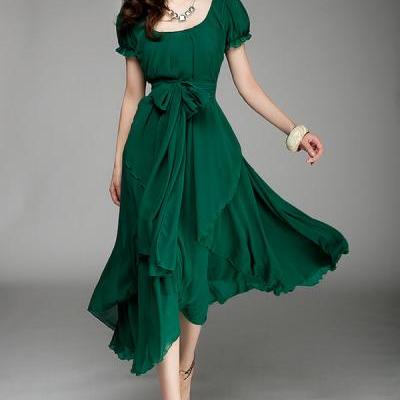 Free Shipping Irregular Hemline Bound Waist Short Sleeve Dress - Green