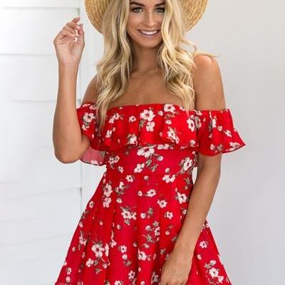 Red Floral Print Ruffled Off-The-Shoulder Romper 