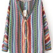 Country Style Multicolor Argyle Cardigans Sweater with Button For Girls And Women 