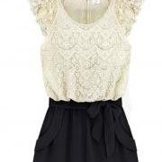 Fashion And Romantic Lace Pattern Petal Sleeve Color Block Rompers - White&Black