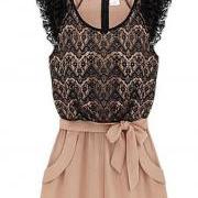 Hot Sale Black Patchwork Pink Lace Pattern Rompers