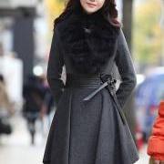Fashion Fur Collar Sheared Waist Woolen Coat - Dark Grey