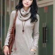 Fashion Round Neck with Scarf Fitted Autumn Winter Sweater - Grey 