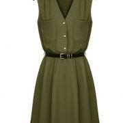 Army Green Chiffon Plunge V Sleeveless Short Dress Featuring Front Pockets and Buttons  