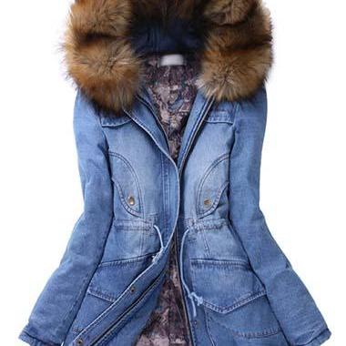 High Quality Jeans Style Long Sleeve Hooded Coat with Pocket For Woman