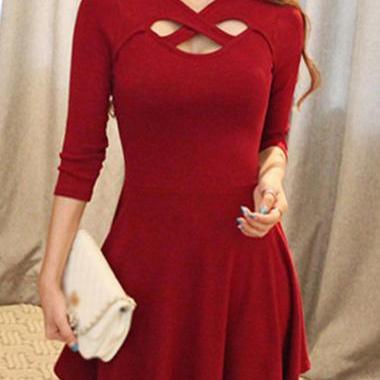 Beautiful Hollow Design Three Quarter Sleeve Dress - Wine Red