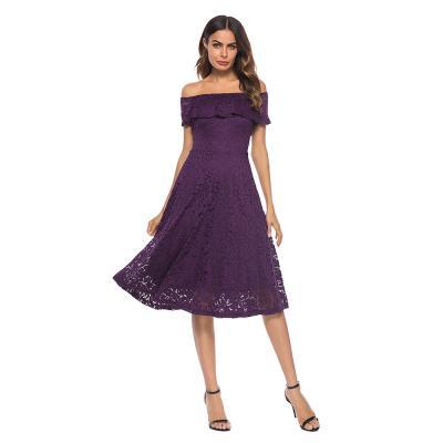 Fashion New Off the Shoulder Lace A Line Dress -Purple