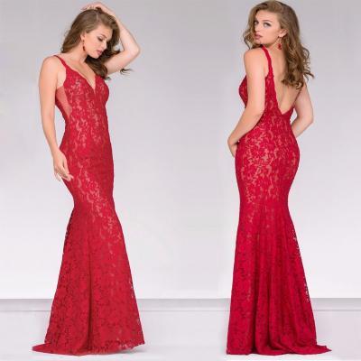 Sexy Lace Sleeveless Open Back Red Mermaid Dress