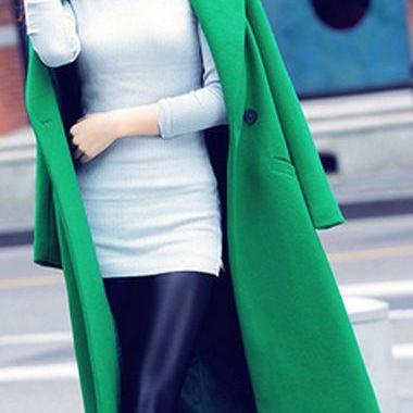 Free Shipping Fashion Long Sleeve Turndown Collar Pocket Design Coat - Green