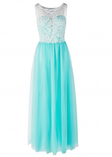 Fashion Lace Panel Gauze Turquoise Maxi Dress