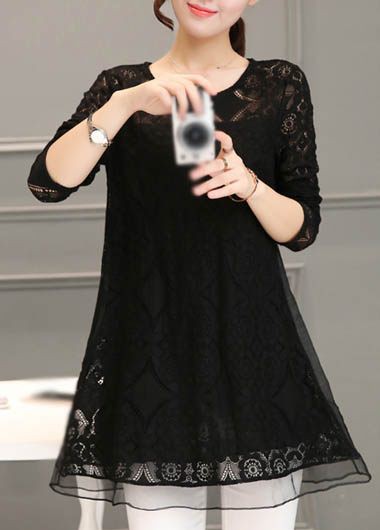 Long Sleeve Chiffon Panel Shift Lace Dress - Black