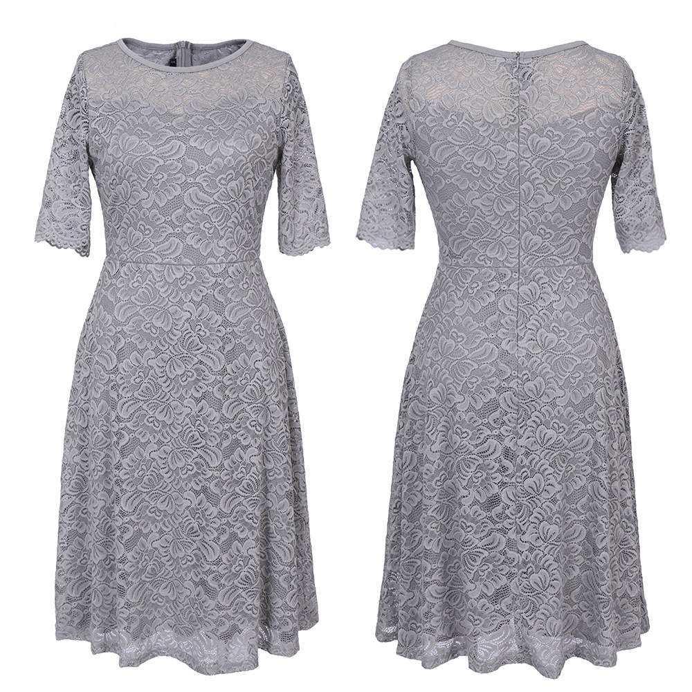 Elegant And Fashion Mid Sleeve Lace A-line Dress -grey