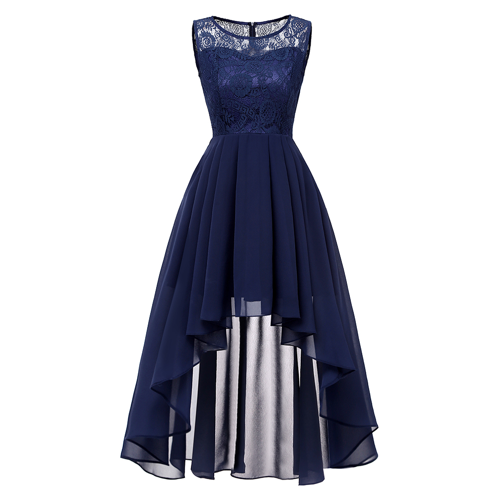 Fashion O Neck Sleeveless Lace Patchwork Chiffon Dress - Dark Blue