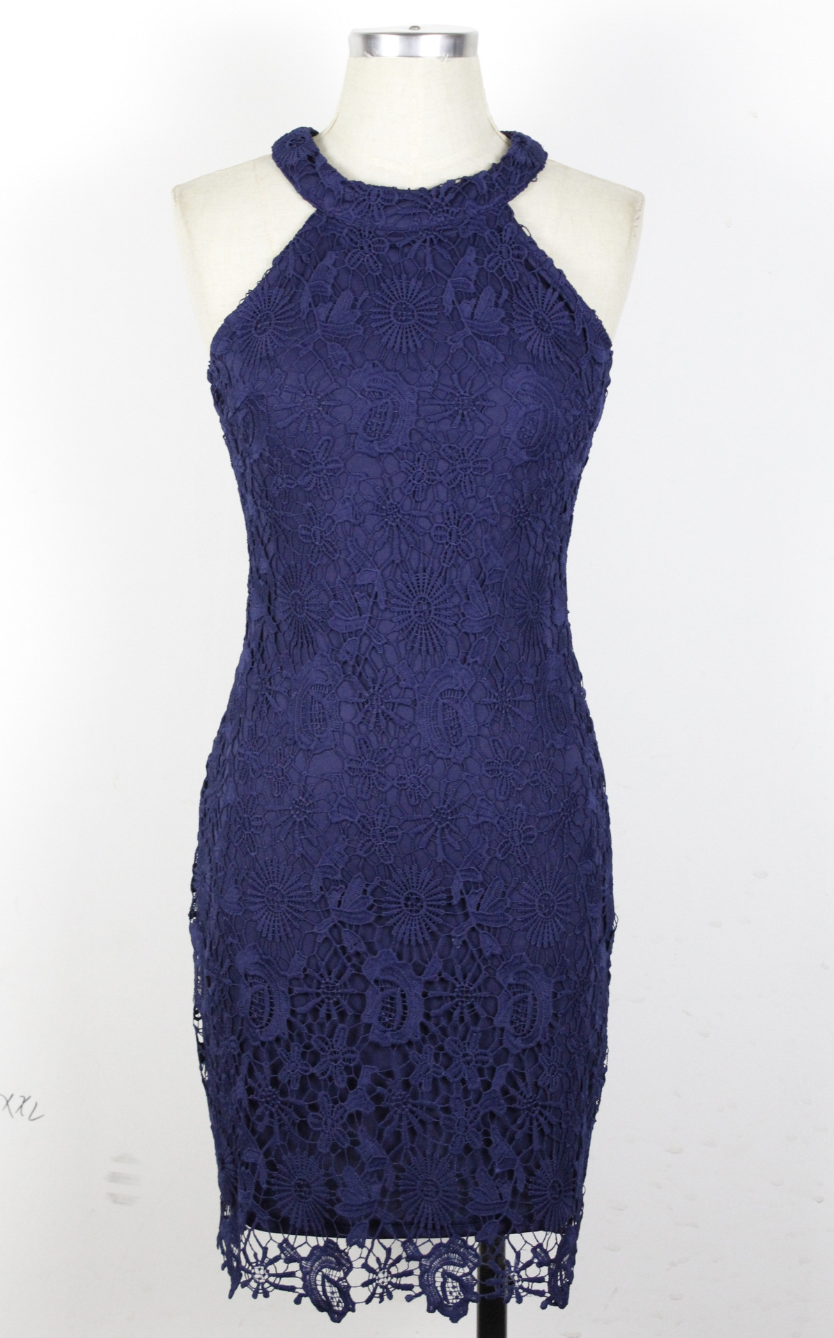 Fashion Sleeveless Lace Halter Sheath Dress - Navy Blue