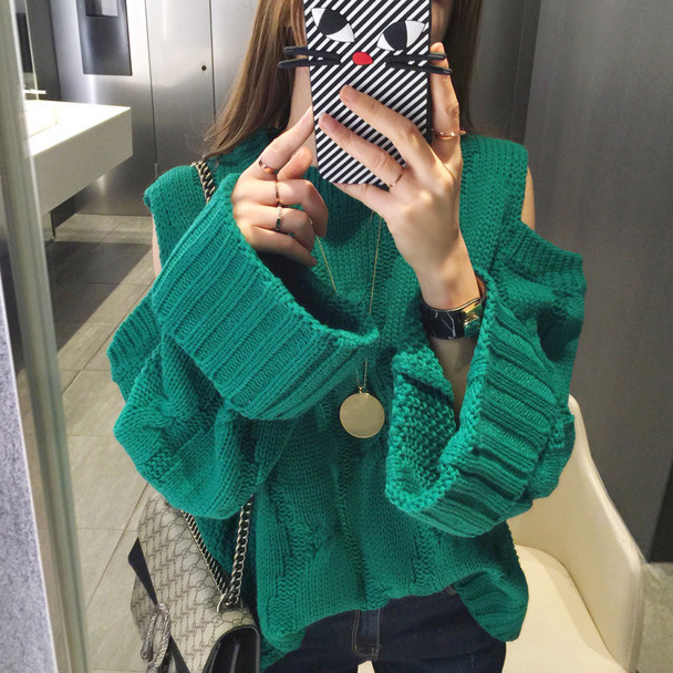 High Quality Casual Loose Long Sleeve Long Style Sweater - Green