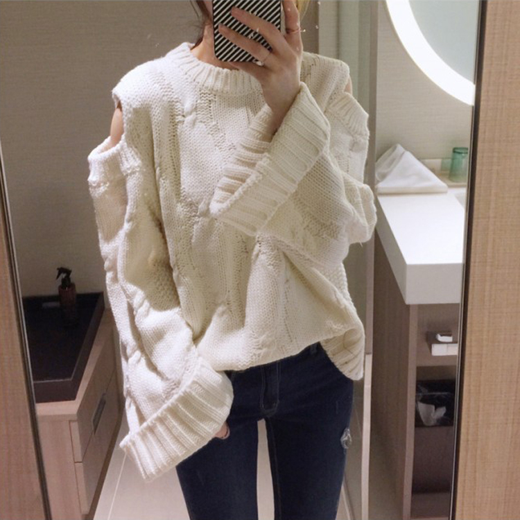 High Quality Casual Loose Long Sleeve Long Style Sweater - White