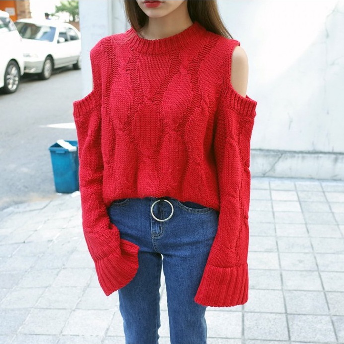 Red Cable Knitted Long Flared Sleeves Sweater Featuring Cold Shoulder Cutout And Crew Neck