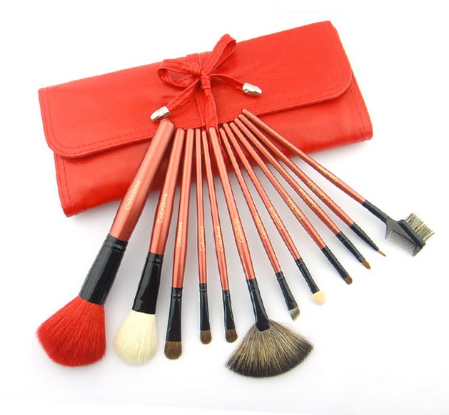 Natural Goat Hair Colorshine Makeup Brush Set 12 Cosmetic Brush Cosmetic Brush Set Professional Makeup Tools - Red