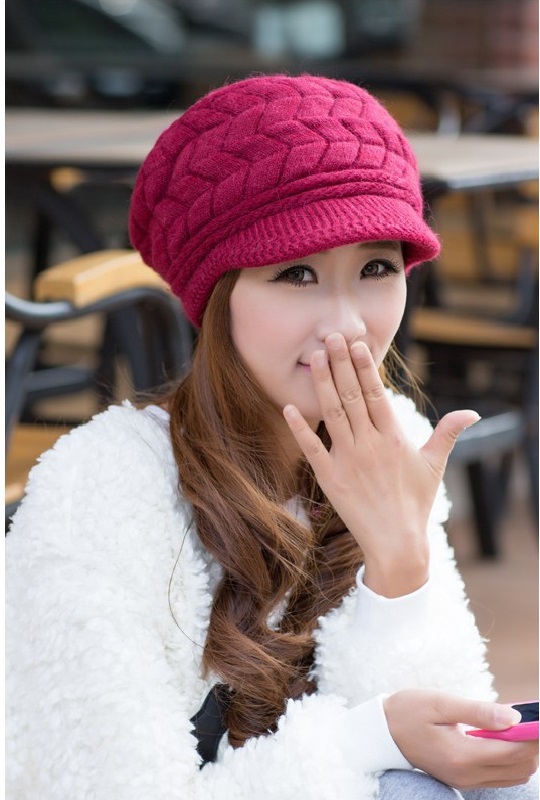 Shipping Cute Winter Hat Knit Cap For Women - Wine Red